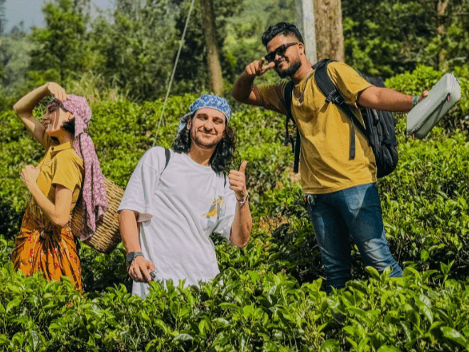 Travelers learning authentic Ceylon tea harvesting in Nuwara Eliya estates